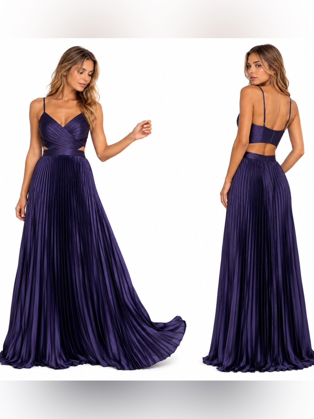 Lulu’s Got the Glam Satin Navy Blue / Purple Pleated Cutout Maxi Dress  NWOT M